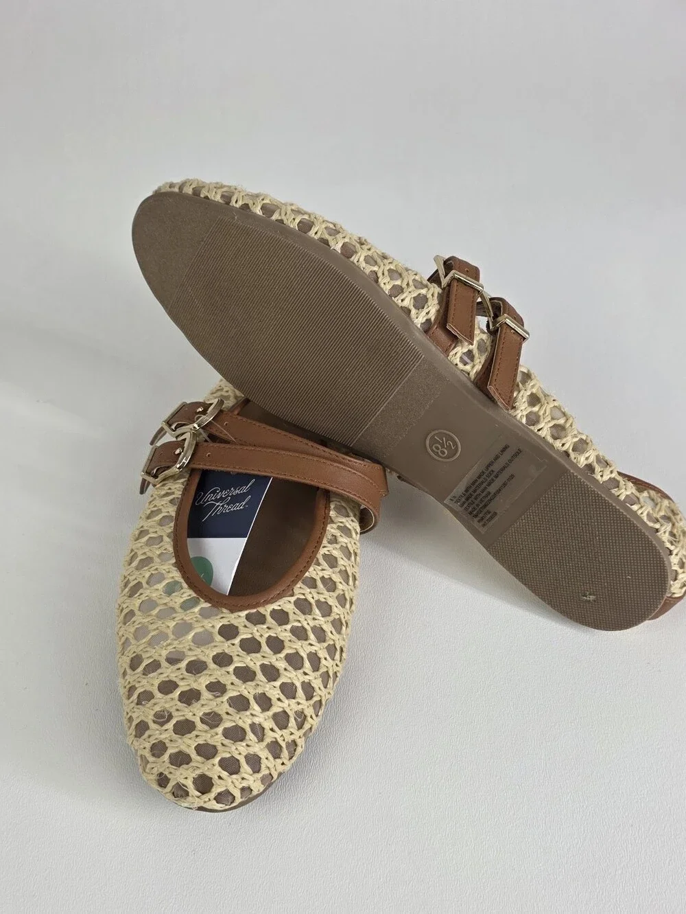 Universal Thread Cream Woven Mary Jane Flats with Brown Straps!